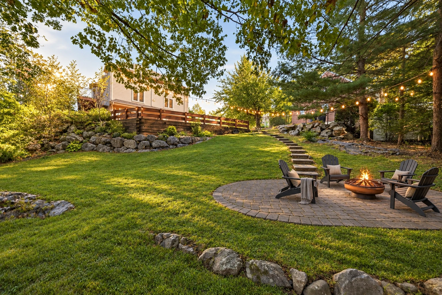 Mature trees, stone landscaping and a path through the backyard
